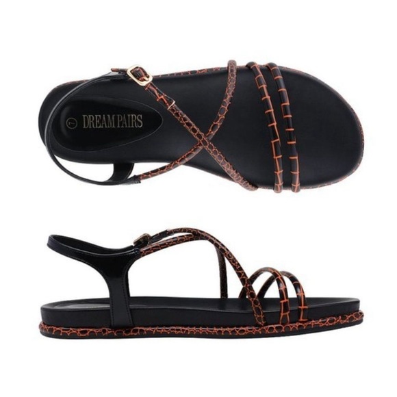 DREAMPAIRS black orange strapy round toe dressy flat sandals size-various - Picture 4 of 6